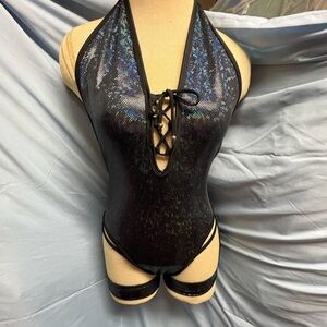 Black Holographic Shimmer Halter Bodysuit With Attached Garters & Matching Panty